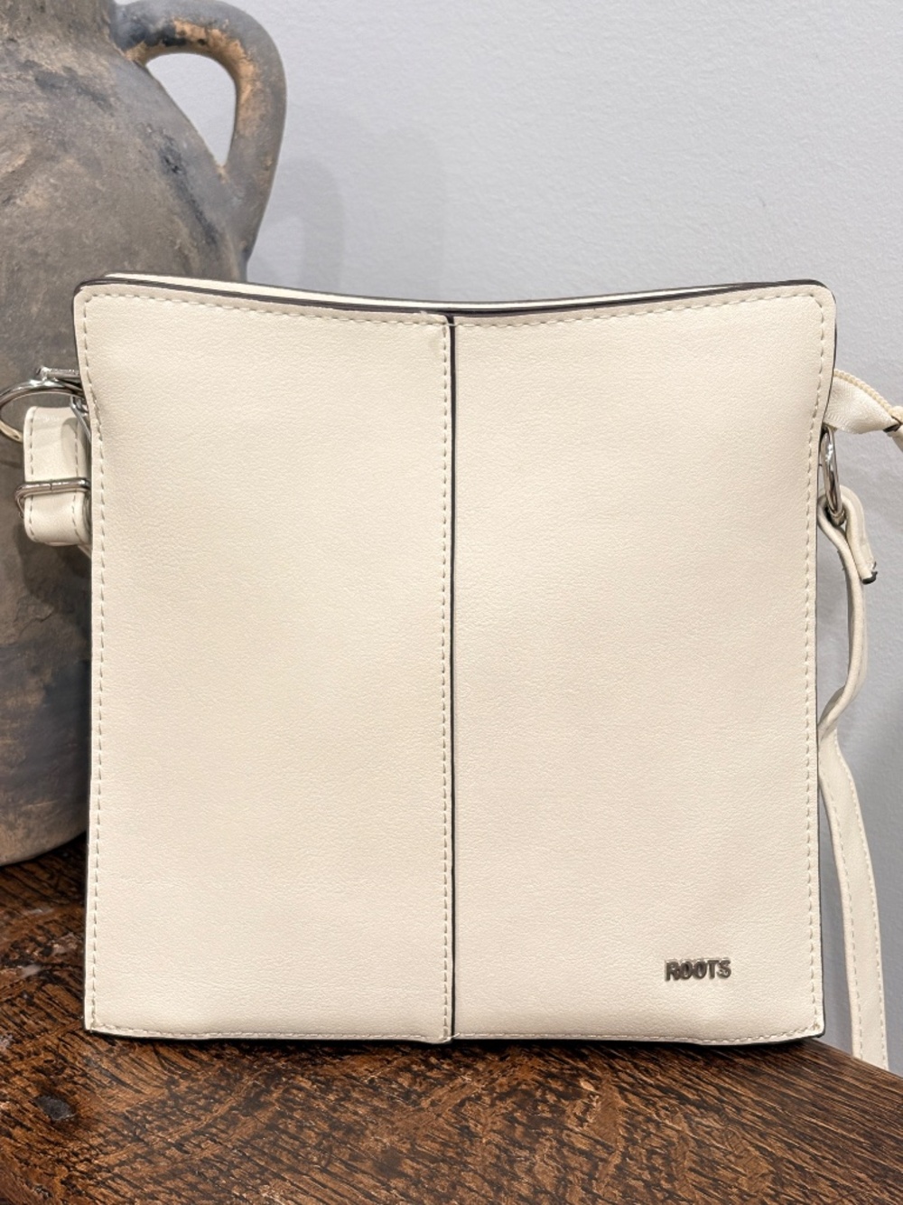 Roots Triple Compartment Cream Off White Vegan Leather Crossbody Bag